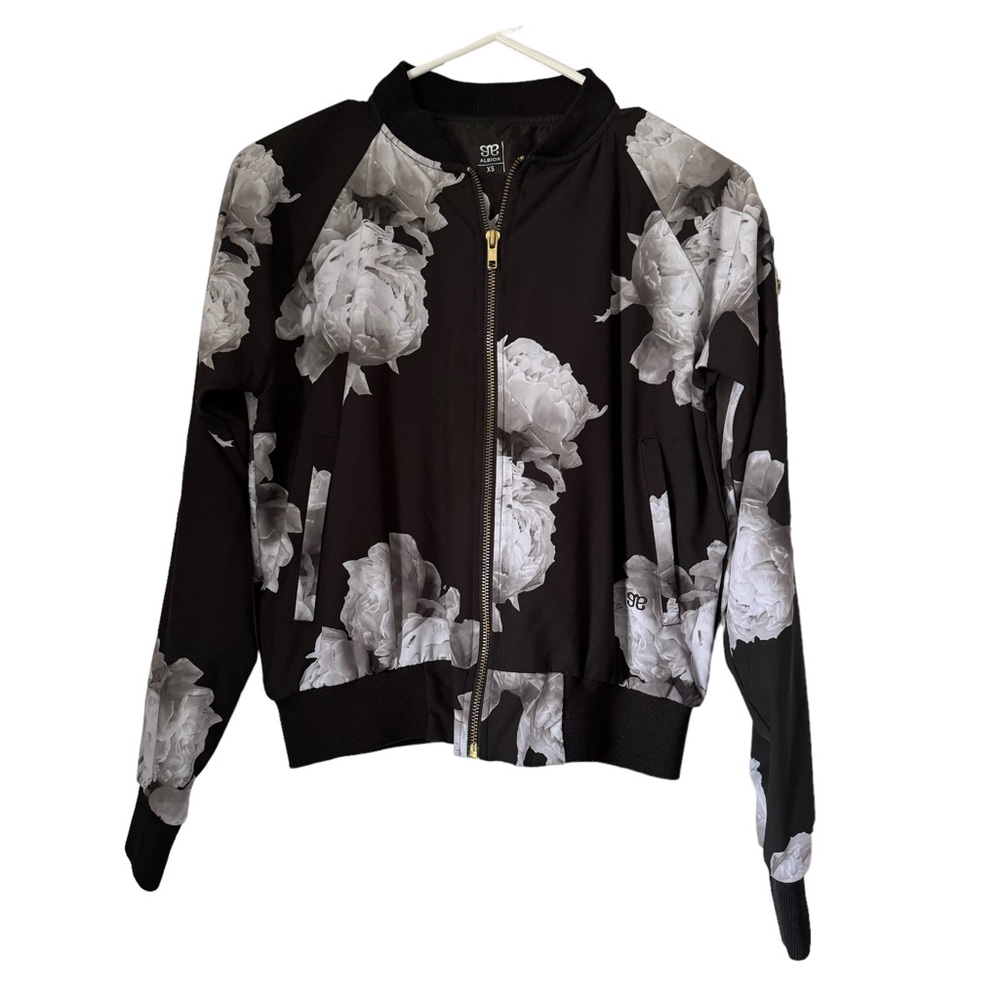 Albion Black Gray Rose Floral Zip Up Bomber Jacket XS
